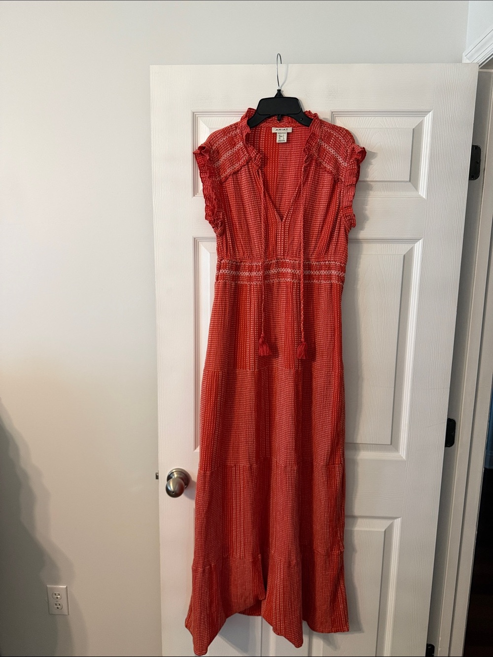 Ariat Coral-Red Tiered Maxi Dress with Tassel Tie size S excellent condition